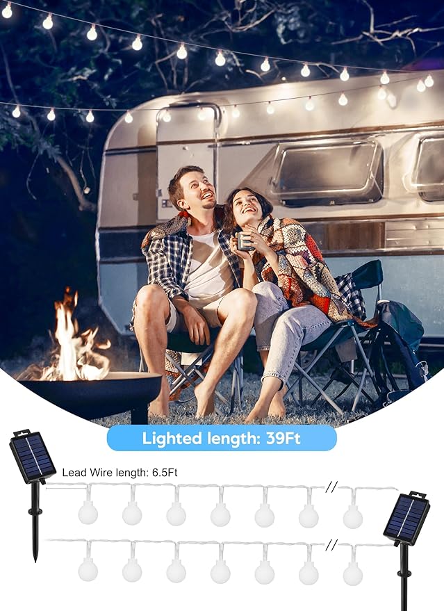 Brightown Solar Lights Outdoor Waterproof, 2 Packs Total 39Ft 120 LED Globe Solar String Lights for Outside, 8 Modes Outdoor Solar Lights for Yard Balcony Patio Tree Canopy Party (Pure White)