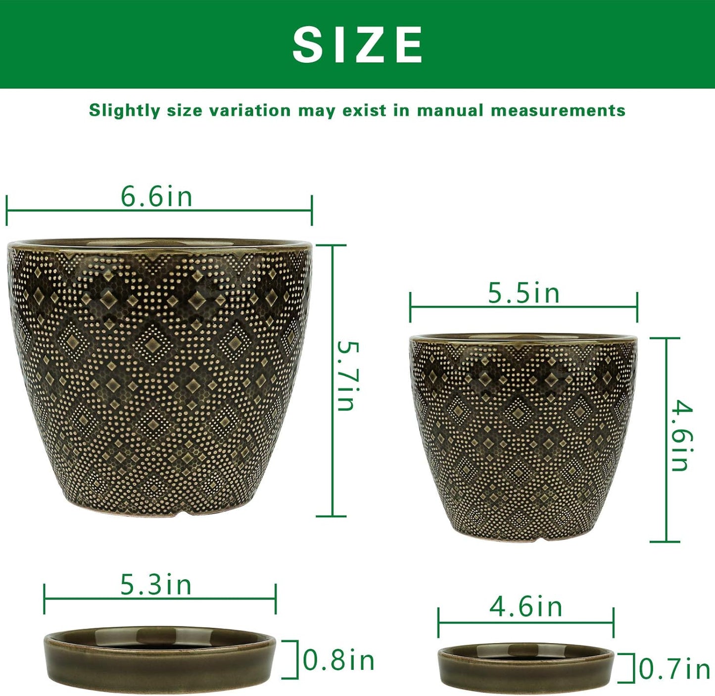 Docrin Ceramic Plant Pots Indoor, 6.6 + 5.5 Inch Planters with Drainage Holes and Saucer for Home/Office - Set of 2 /Dark Green