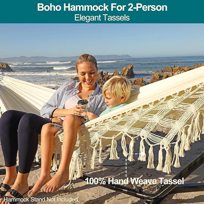 JoyView Boho Macrame Double Hammock with Hanging Ropes & Elegant Tassels 86.6x59 Portable Cotton Hammock for Patio Backyard Porch 450LBS Weight Capacity Perfect for Outdoor/Indoor - Beige Color