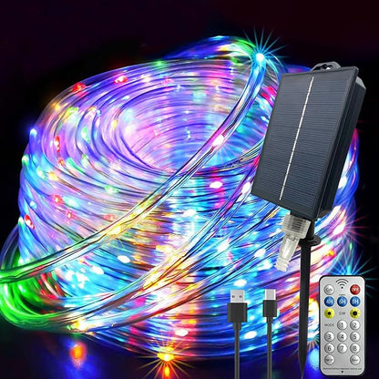 Solar String Lights Outdoor Waterproof, 66ft 200 LED Rope Lights USB & Solar Powered, 8 Modes Multicolor Fairy Lights with Remote for Christmas Garden Patio Deck Tree Pool Trampoline Wedding