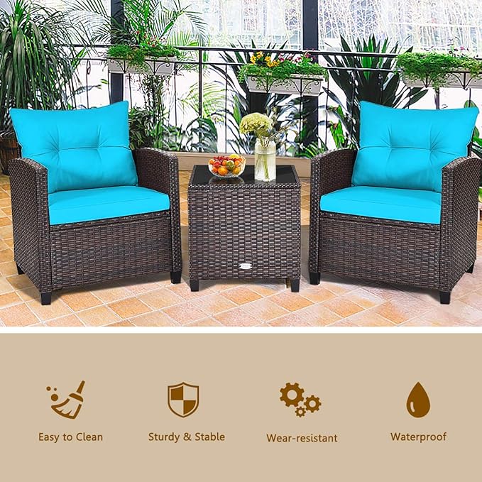 KOTEK 3 Piece Patio Furniture Set, Outdoor Conversation Set with Washable Cushions & Tempered Glass Tabletop, PE Rattan Wicker Bistro Set for Porch, Garden, Balcony (Turquoise)