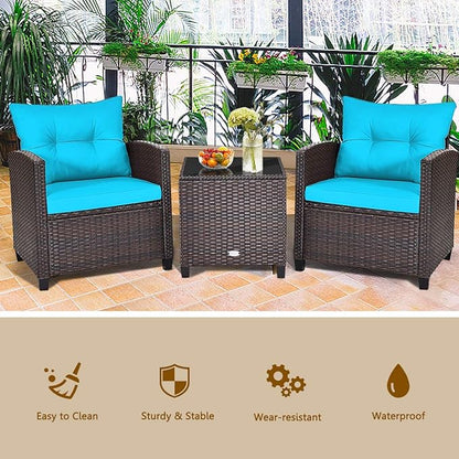 KOTEK 3 Piece Patio Furniture Set, Outdoor Conversation Set with Washable Cushions & Tempered Glass Tabletop, PE Rattan Wicker Bistro Set for Porch, Garden, Balcony (Turquoise)