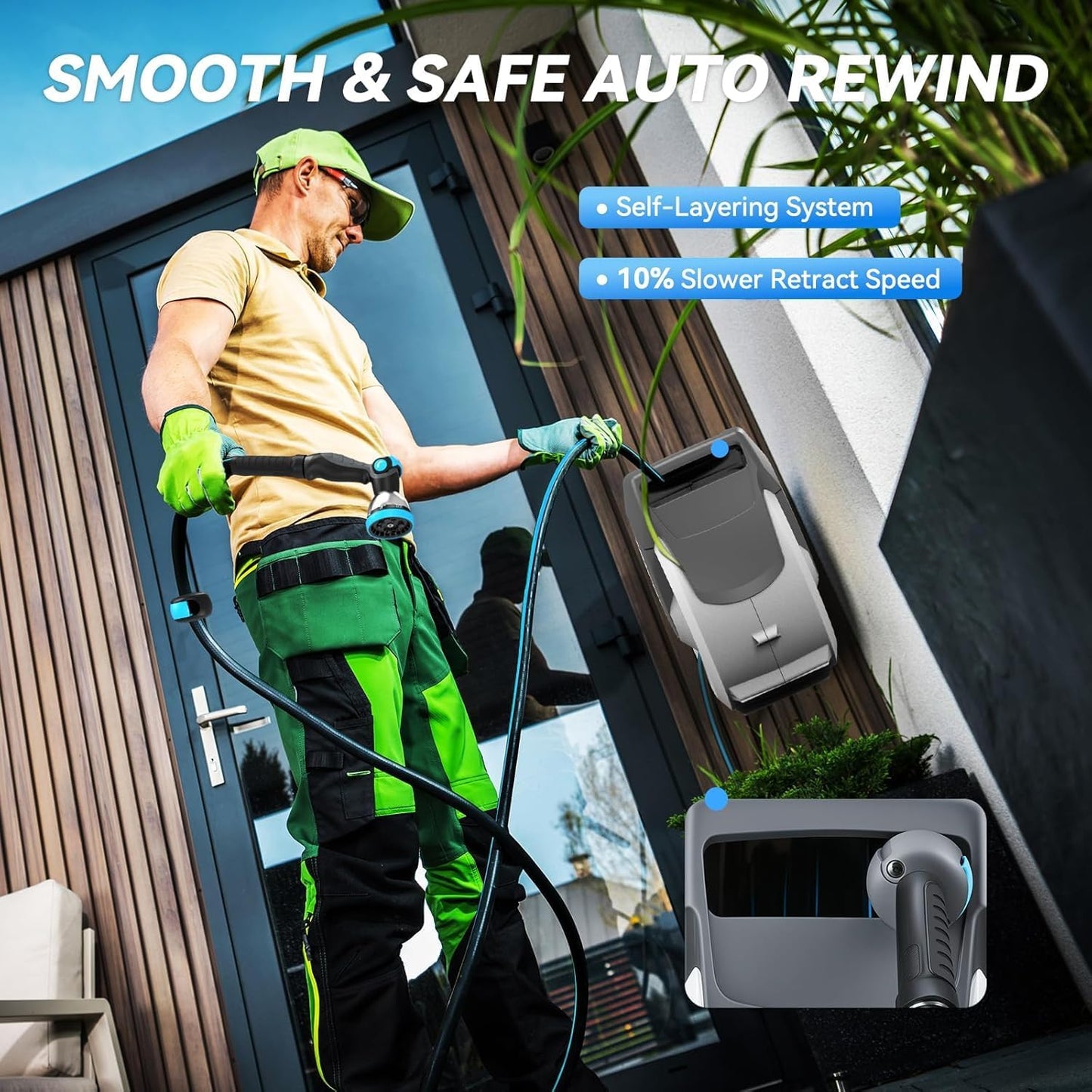 Retractable Garden Hose Reel - 100 ft x 5/8 in Heavy Duty Wall Mount with Auto Rewind, Any Length Lock, 180° Swivel Bracket & 10-Pattern Nozzle (White & Grey)