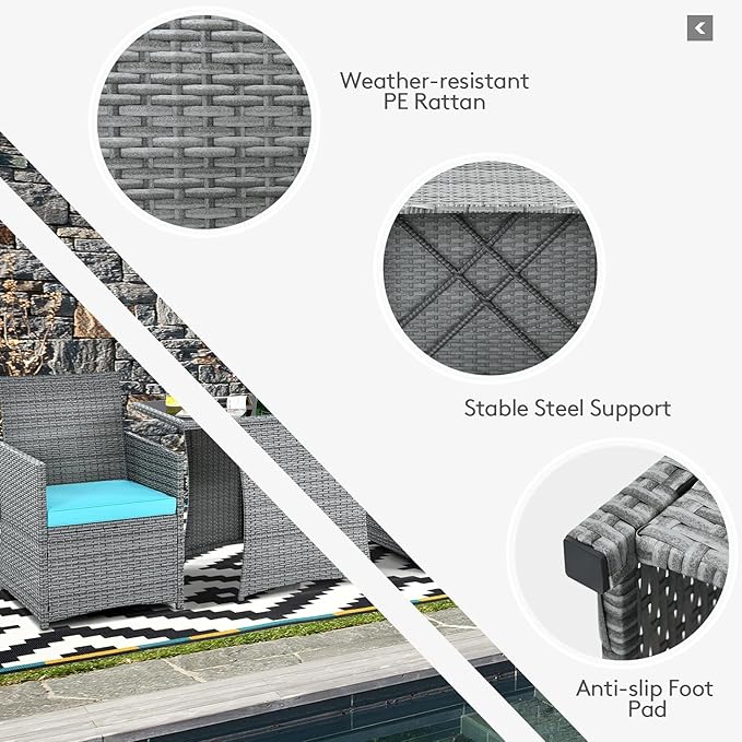 Tangkula 3 Pieces Patio Dining Set, Patiojoy Space-Saving PE Rattan Bistro Set with Tempered Glass Top Table and Cushioned Chairs, Outdoor Conversation Set for Garden, Backyard, Poolside, Porch