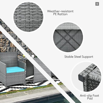 Tangkula 3 Pieces Patio Dining Set, Patiojoy Space-Saving PE Rattan Bistro Set with Tempered Glass Top Table and Cushioned Chairs, Outdoor Conversation Set for Garden, Backyard, Poolside, Porch