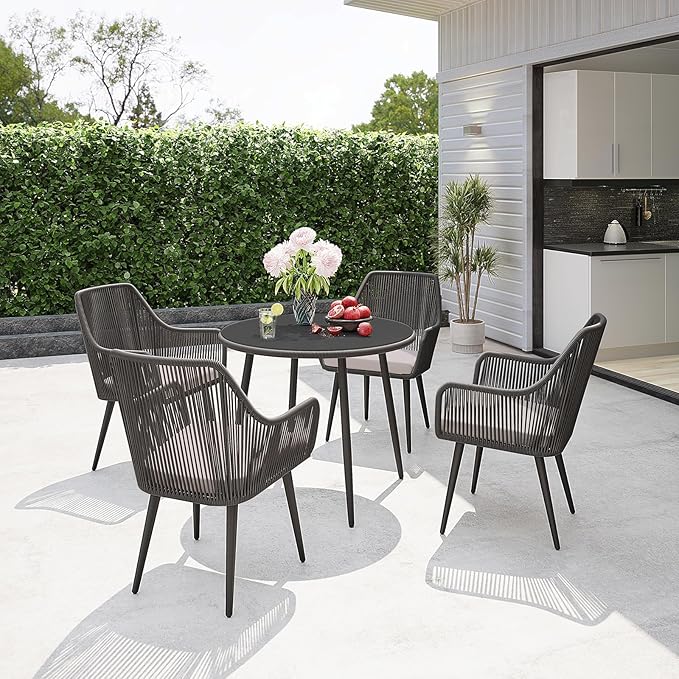 Patiorama 5-Piece Patio Dining Set,Outdoor Dining Table Chair Set,All-Weather Twisted Rattan Wicker Rope Conversation Set,Patio Furniture Set w/Umbrella Hole,4 Cushioned Chairs&Glass Table(Dark Black)