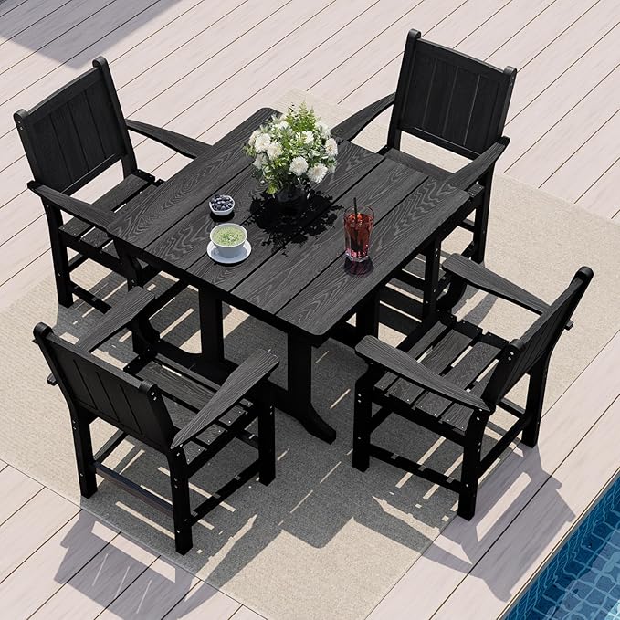 Pamapic 5 PCS Outdoor Dining Set, Spacious HDPE Outdoor Table and Chairs, Wood Grain Patio Furniture Sets with Elegant Armrest, All-Weather Patio Dining Table with Umbrella Hole, Black