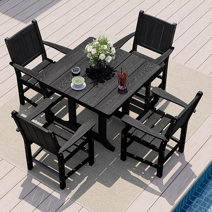 Pamapic 5 PCS Outdoor Dining Set, Spacious HDPE Outdoor Table and Chairs, Wood Grain Patio Furniture Sets with Elegant Armrest, All-Weather Patio Dining Table with Umbrella Hole, Black