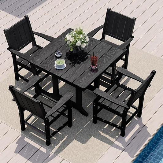 Pamapic 5 PCS Outdoor Dining Set, Spacious HDPE Outdoor Table and Chairs, Wood Grain Patio Furniture Sets with Elegant Armrest, All-Weather Patio Dining Table with Umbrella Hole, Black