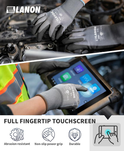 LANON 18 Pairs Safety Work Gloves, Mechanic Working Gloves for Men,Breathable PU Coated, Seamless Knit,Double Wash, Grey, Large