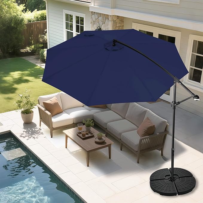 FLAME&SHADE 10ft Cantilever Patio Umbrella Outdoor, Large Offset Umbrella with Crank and Cross Base, UPF 50+ UV Protection Hanging Umbrella for Pool Deck Garden, Navy Blue