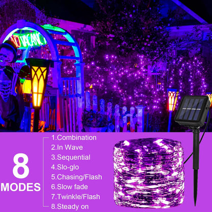 Solar Powered String Lights Outdoor, 2 Pack Total 200 LED 66FT Solar Powered Halloween Decorative Fairy Lights 8 Modes Black Wire for Halloween, Garden, Patio, Party, Yard, Christmas(Purple)