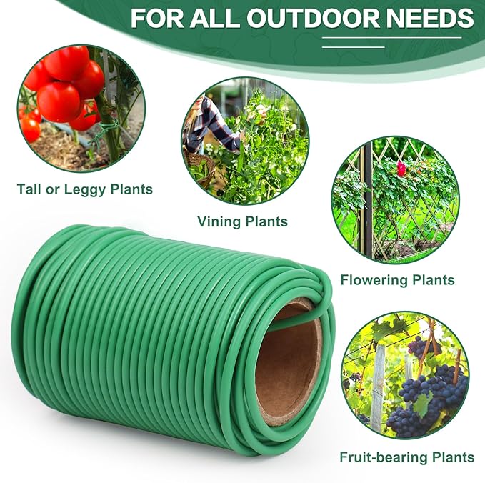 Tenn Well Garden Wire, 66 Feet 3.5mm Soft Rubber Coated Plant Ties, Green Gardening Twist Ties for Climbing Plants, Tomatoes, Vegetables, Climbing Roses