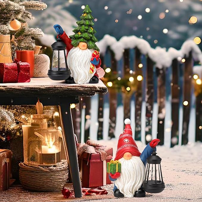 Solar Christmas Gnome Garden Decor Xmas Tree Gnome Outdoor Statue with LED Lantern - Winter Gnome Christmas Holiday Porch Patio Yard Home Decor Gifts for Mom Women, Xmas Tree Gnome