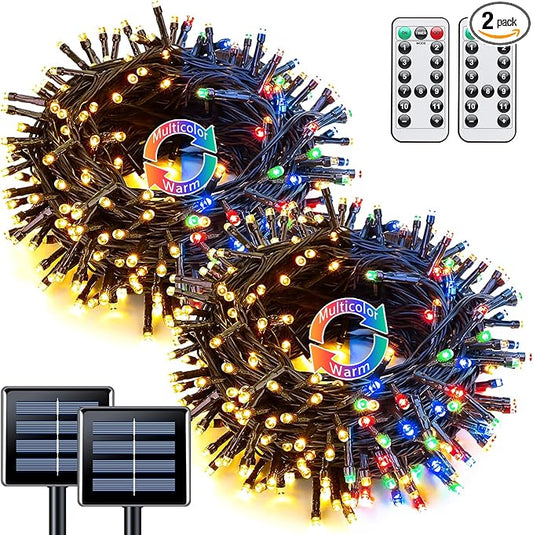 JMEXSUSS 2 Pack Warm White & Multicolor Solar Christmas Lights Outdoor, Each 100 LED 33ft Solar Color Changing Lights Outdoor Waterproof for Christmas Tree Decorations