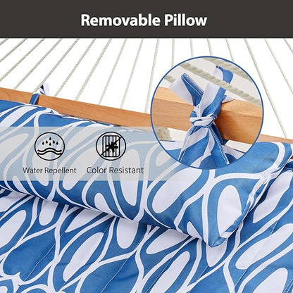 Outdoor Double Hammock with Hardwood Spreader Bars, Large Rope Hammock with Polyester Pad and Pillow, 475 LBS Capacity for 2 Person Patio Backyard Poolside - Blue Printing