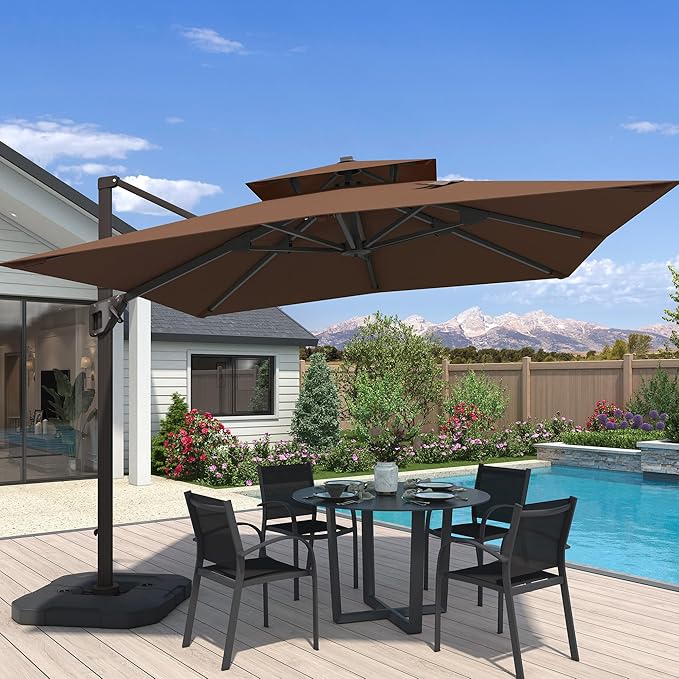 10x10 FT Cantilever Patio Umbrella with Base Included Double Top Outdoor Square Large Heavy Duty Aluminum Offset Umbrellas with 7 Level Tilt 360-degree Rotation for Pool Garden Deck,Brown