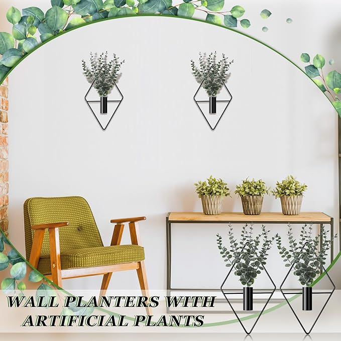 Jexine Hanging Planters with Artificial Eucalyptus Metal Hanging Vase Indoor Plants Holder Modern Geometric Boho Bathroom Wall Decor for Living Room Home Office (Black,4 Pcs)