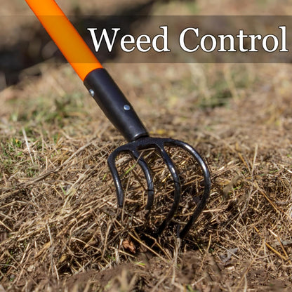 Cultivator for Gardening, 4 Tines Garden Cultivator with Fiberglass Handle, 58 Inches