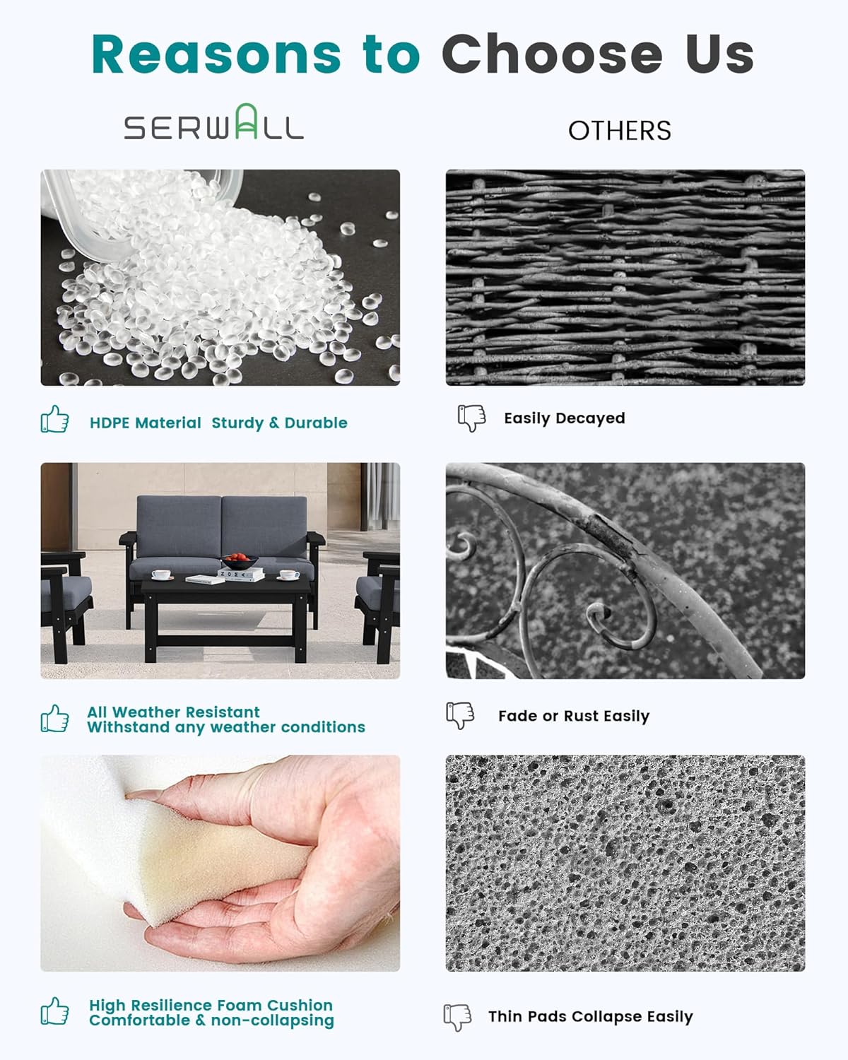 SERWALL HDPE Patio Furniture Set with 15FT Double Side Patio Umbrella, All Weather Wood-Like Outdoor Sofa Sectional Couch, Black Patio Furniture with Grey Cushions