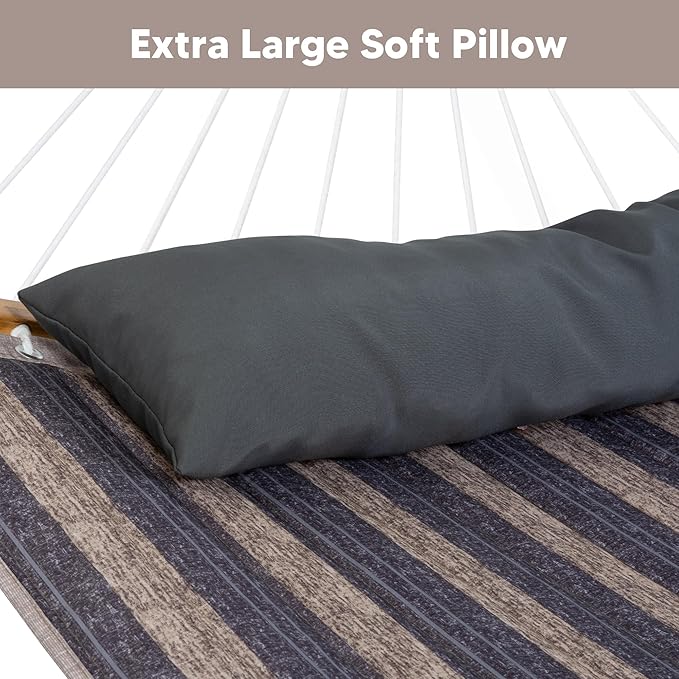 SUNCREAT Hammocks for Outside with Stand Included, Double Hammock with Curved Spreader Bar, Carrying Bag, Gray Stripes