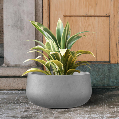 Kante 15.7" Dia Round Concrete Planter, Outdoor Indoor Garden Plant Pots with Drainage Hole and Rubber Plug, Modern Curvaceous Design, Natural Concrete