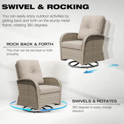 Joyside Outdoor Swivel Rocker Chairs, 3 Piece Wicker Patio Set with Thick Cushion and Side Table, Rattan Patio Swivel Rocking Chairs for Porch, Deck Use (Natural/Beige, 3 PCS)