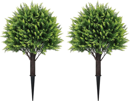 24" Artificial Cedar Topiary Ball Bushes, Set of 2 UV Resistant Fake Trees Outdoor Shrubs with Ground Spike, Weatherproof Faux Plants for Planter, Front Porch, Garden, Yard, Patio Decor