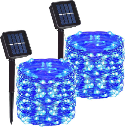 2 Pack Total 200 LED 66FT Solar Powered Copper Wire String Lights Outdoor, Waterproof, 8 Modes Fairy Lights for Garden, Patio, Party, Yard, Christmas (Blue)