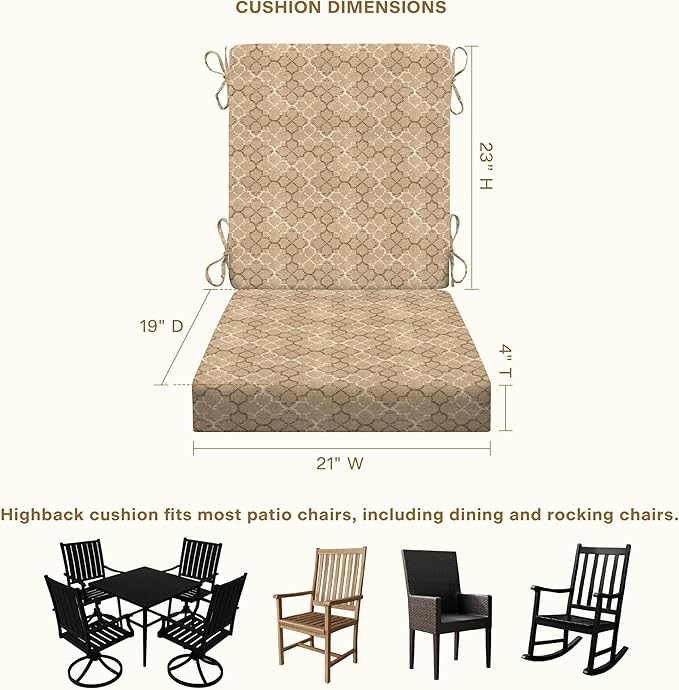 Honeycomb Outdoor Highback, 21 x 42, Courtyard Geo Almond Chair Cushion for Patio Furniture