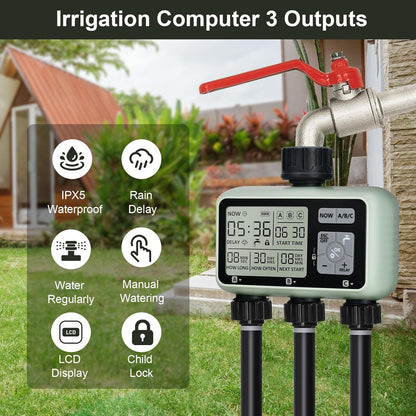 Watering Timer 3 Zone, Sprinkler Timer, Programmable Garden Outdoor Hose Faucet Timer with Rain Delay, Auto & Manual Watering System,Water Hose Irrigation Timers 3 Outlet for Garden