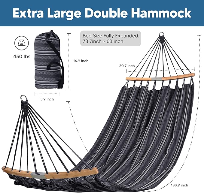 SUNCREAT Hammocks Double Hammock with Curved Spreader Bar, Outdoor Camping Portable Hammock with Carrying Bag & Tree Straps for Patio, Backyard, Balcony, Max 450lbs Capacity, Dark Gray
