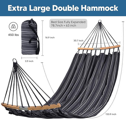 SUNCREAT Hammocks Double Hammock with Curved Spreader Bar, Outdoor Camping Portable Hammock with Carrying Bag & Tree Straps for Patio, Backyard, Balcony, Max 450lbs Capacity, Dark Gray