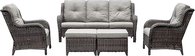 Rilyson Outdoor Furniture Set, 5-Piece Patio Rattan Wicker Sectional Sofa Set with 3-Seat Couch, 2 Armchairs, 2 Ottoman Footrests for Patio Conversation (5 PC,Brown/Grey)
