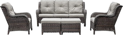 Rilyson Outdoor Furniture Set, 5-Piece Patio Rattan Wicker Sectional Sofa Set with 3-Seat Couch, 2 Armchairs, 2 Ottoman Footrests for Patio Conversation (5 PC,Brown/Grey)