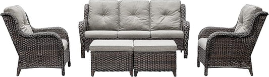 Rilyson Outdoor Furniture Set, 5-Piece Patio Rattan Wicker Sectional Sofa Set with 3-Seat Couch, 2 Armchairs, 2 Ottoman Footrests for Patio Conversation (5 PC,Brown/Grey)