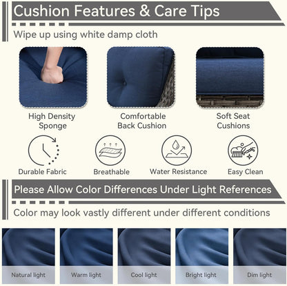 Outdoor Rocking Chair of 2, Wicker Patio Rocker Chair for Yard, Porch, Mixed Brown Grey Rattan, Blue Cushions