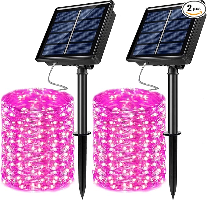 2 Pack Solar Powered Fairy String Lights Outdoor Waterproof 8 Modes Twinkle Christmas Decorations Lights, Each 33ft-100LED, 40ft-120LED, 66ft-200LED, 80ft-240LED, (Pink, 66)