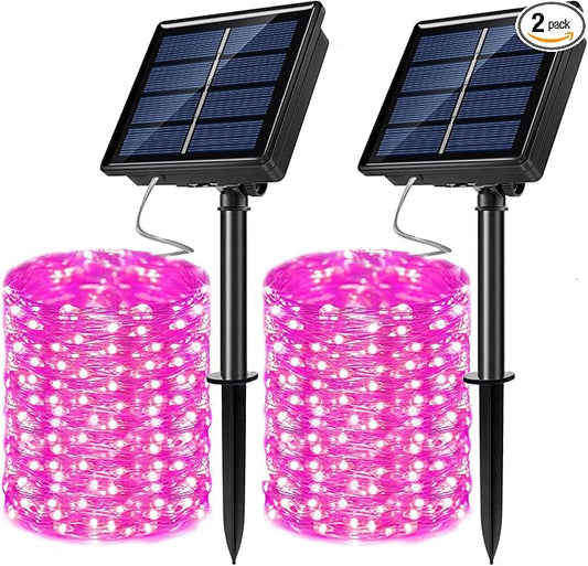 2 Pack Solar Powered Fairy String Lights Outdoor Waterproof 8 Modes Twinkle Christmas Decorations Lights, Each 33ft-100LED, 40ft-120LED, 66ft-200LED, 80ft-240LED, (Pink, 66)
