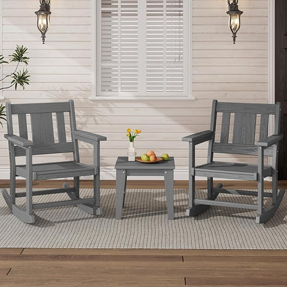 SERWALL 3 Piece Rocking Bistro Set, Patio Furniture Set with 2 Outdoor Rocking Chairs and 1 Side Table for Backyard,Porch, Poolside, Balcony, and Garden- Grey