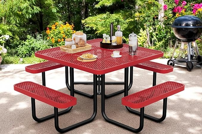 46" Square Picnic Table for Outside,Heavy Duty Metal Picnic Table Bench Set with 2in Umbrella Hole, 1600 lb Capacity,Commercial Dining Table Furniture for Garden Yard Patio Party Coffee Shop