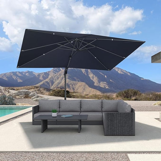 PURPLE LEAF 8' X 11' Left-right Tilting Patio Umbrella Outdoor Cantilever Swivel Rectangle Umbrella with Tilt Aluminum Offset Umbrella with 360-degree Rotation for Garden Deck Pool Patio Navy Blue