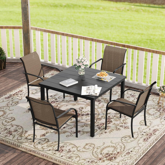 VICLLAX Patio Dining Set for 4, Outdoor Furniture Set Includes 1 Square Patio Table and 4 Stackable Patio Sling Chairs, Patio Table and Chairs for Outsides, Black Table and Brown Chairs
