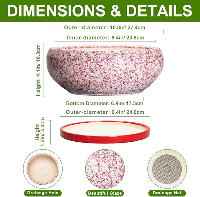 Bonsai Pots 10 Inch - Ceramic Succulent Planters for Indoor Plants Outdoor, Succulent Pots with Drainage Hole and Tray, Round Shallow Planter, Bonsai Planter, Home Decor, Gardening Gift, Red
