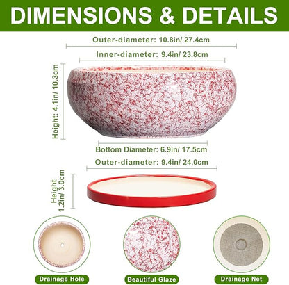 Bonsai Pots 10 Inch - Ceramic Succulent Planters for Indoor Plants Outdoor, Succulent Pots with Drainage Hole and Tray, Round Shallow Planter, Bonsai Planter, Home Decor, Gardening Gift, Red