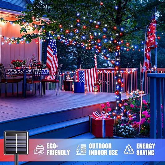 JMEXSUSS 2 Pack Red White and Blue Solar Lights 100LED 33ft Patriot Solar String Lights Waterproof, 8 Modes 4th of July Lights for Independence Day, Gardens, Tree, Outdoor 4th of July Decorations