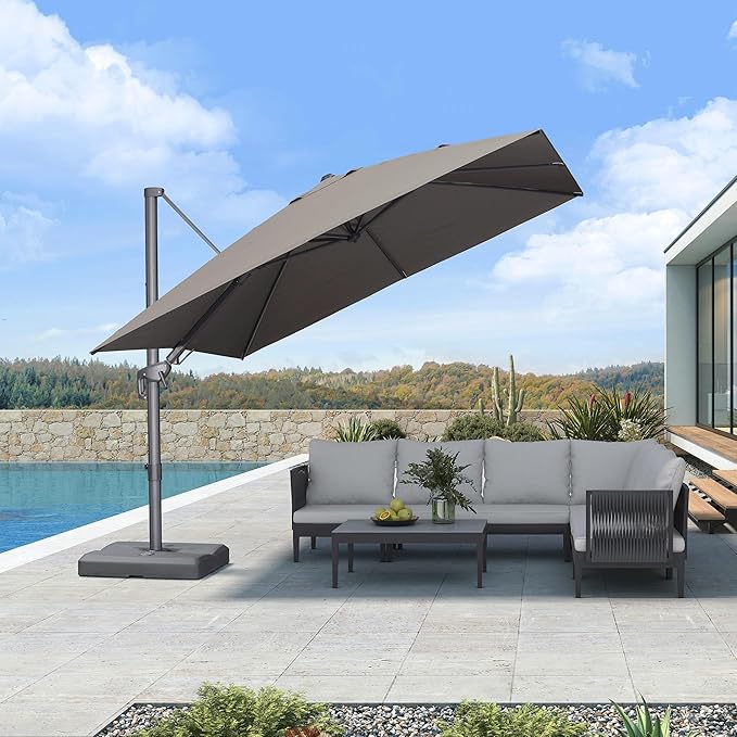 PURPLE LEAF 10' X 10' Left-right Tilting Outdoor Patio Umbrella Swivel Offset Cantilever Heavy Duty Rectangle Aluminum Umbrella with UV Resistant for Deck Pool Patio Backyard, Ash Mocha