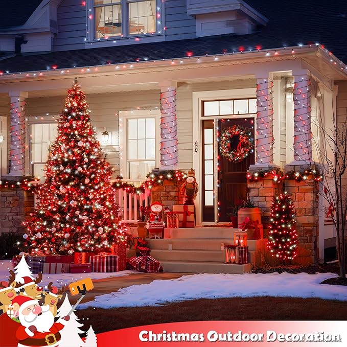 JMEXSUSS 2 Pack Red and White Christmas Lights, Each 100 LED 33ft Solar String Lights Outdoor Waterproof, 8 Modes Green Wire Solar Lights for Outside Tree Garden Patio Party Decoration