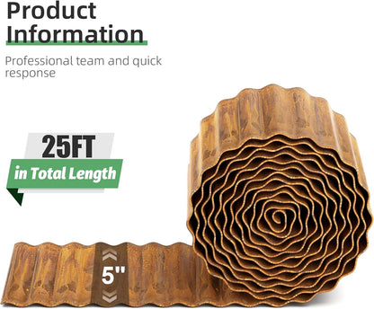 Corrugated Metal Garden Edging, 5''×25Ft Steel Landscape Edging Border, Flower Bed Edging Borders, Metal Lawn Edging for Landscaping, Garden, Pathway, Lawn, Flower Bed, Garden Fence (Rusty)