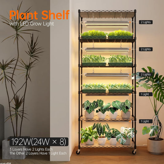 DIY Plant Shelf with Grow Lights, Grow Light Shelf with Adjustable Rack and Wheels, Plant Stand, 8-Pack 192W T8 3000K Full Spectrum Grow Lights for Seed Starting,Seed Tray(29.5L x 13.8W x70.9H)